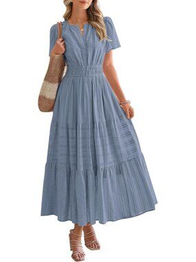 Women's Blue Grey Short Sleeve V Neck Elastic Waist Boho Beach Casual Midi Dress